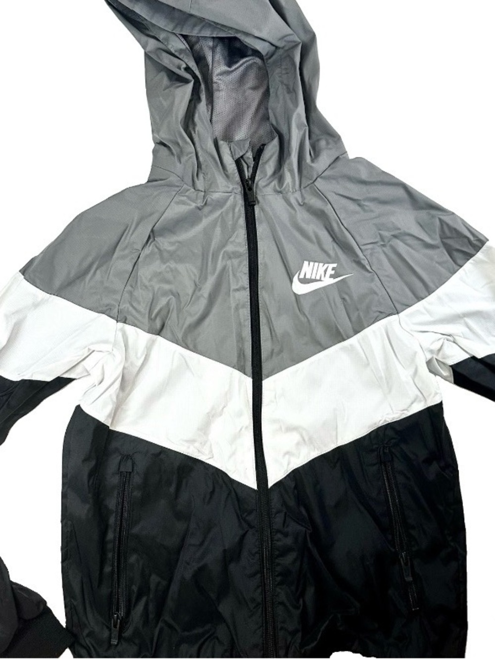 Nike Boys Gray White Black Windrunner Full-Zip Hooded Windbreaker Jacket Size L